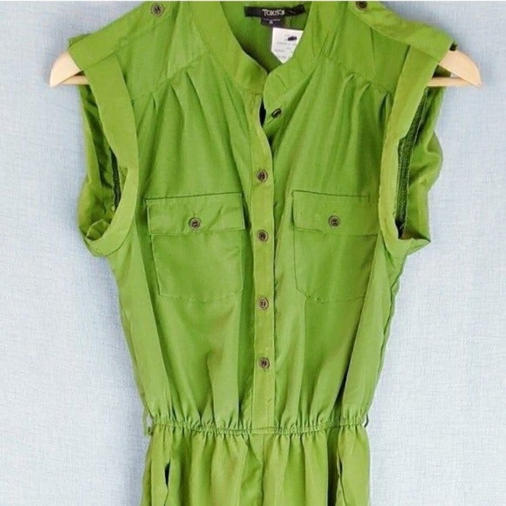 Toxik 3 Green High Rise Button front Cuffed short sleeve Romper Womens small NEW - Picture 6 of 9